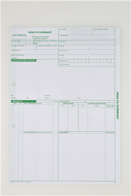 Medical Record Sheets - Health Summary 